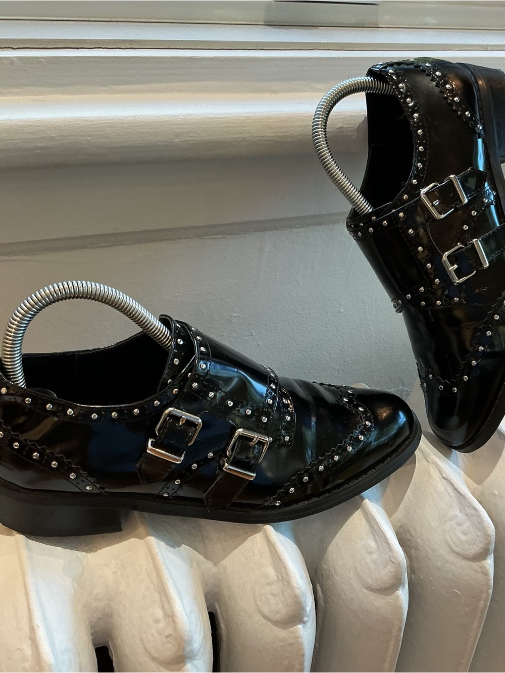 Minelli Black Patent Leather Studded Double Monk Strap Loafers